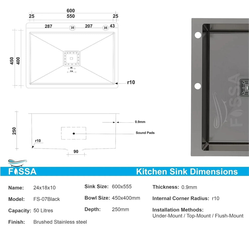 Premium Handmade (24 x 18 x 10) Inch  Single Bowl with Tap Hole Black Stainless Steel Kitchen Sink