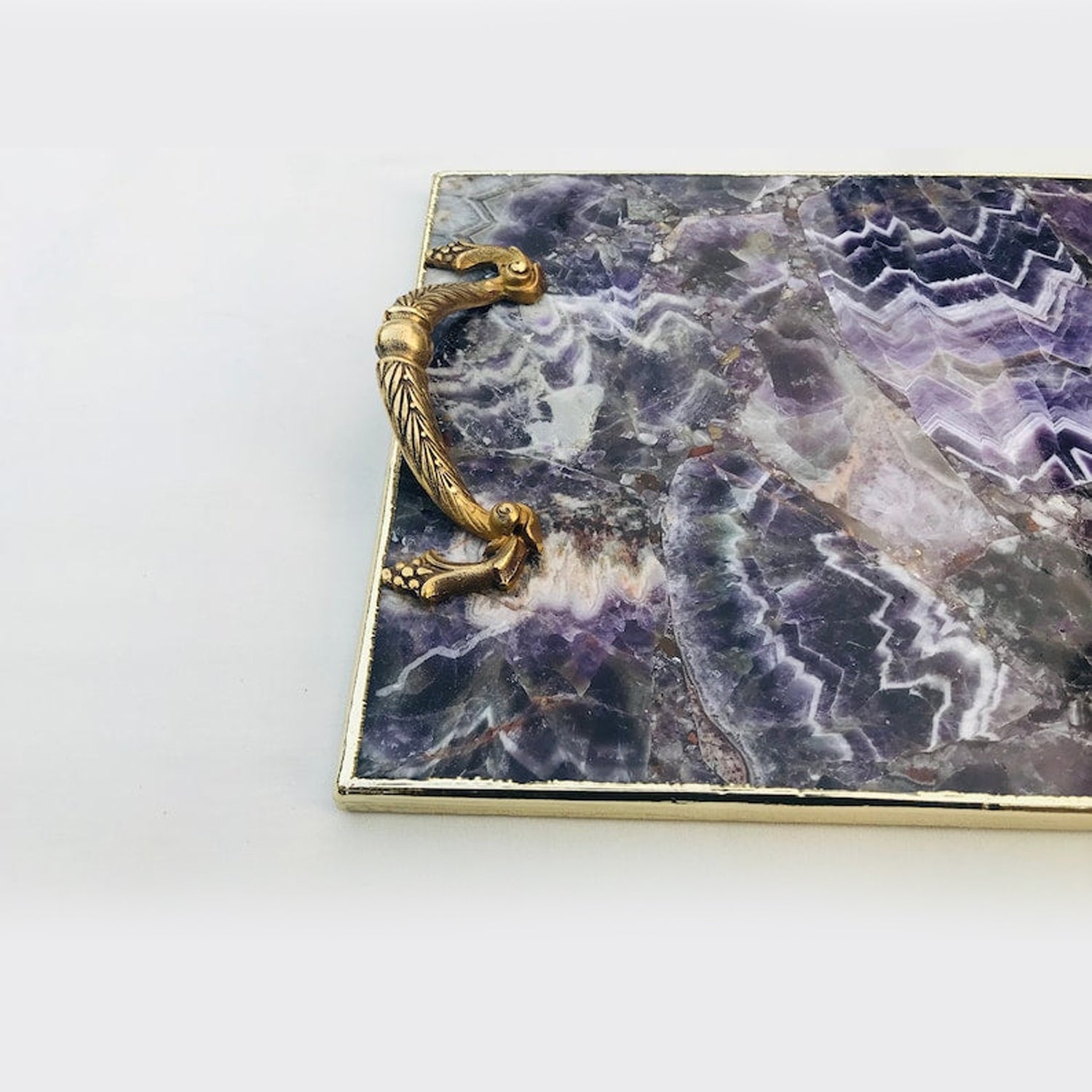 Amethyst Agate Serving Tray With Brass Handles