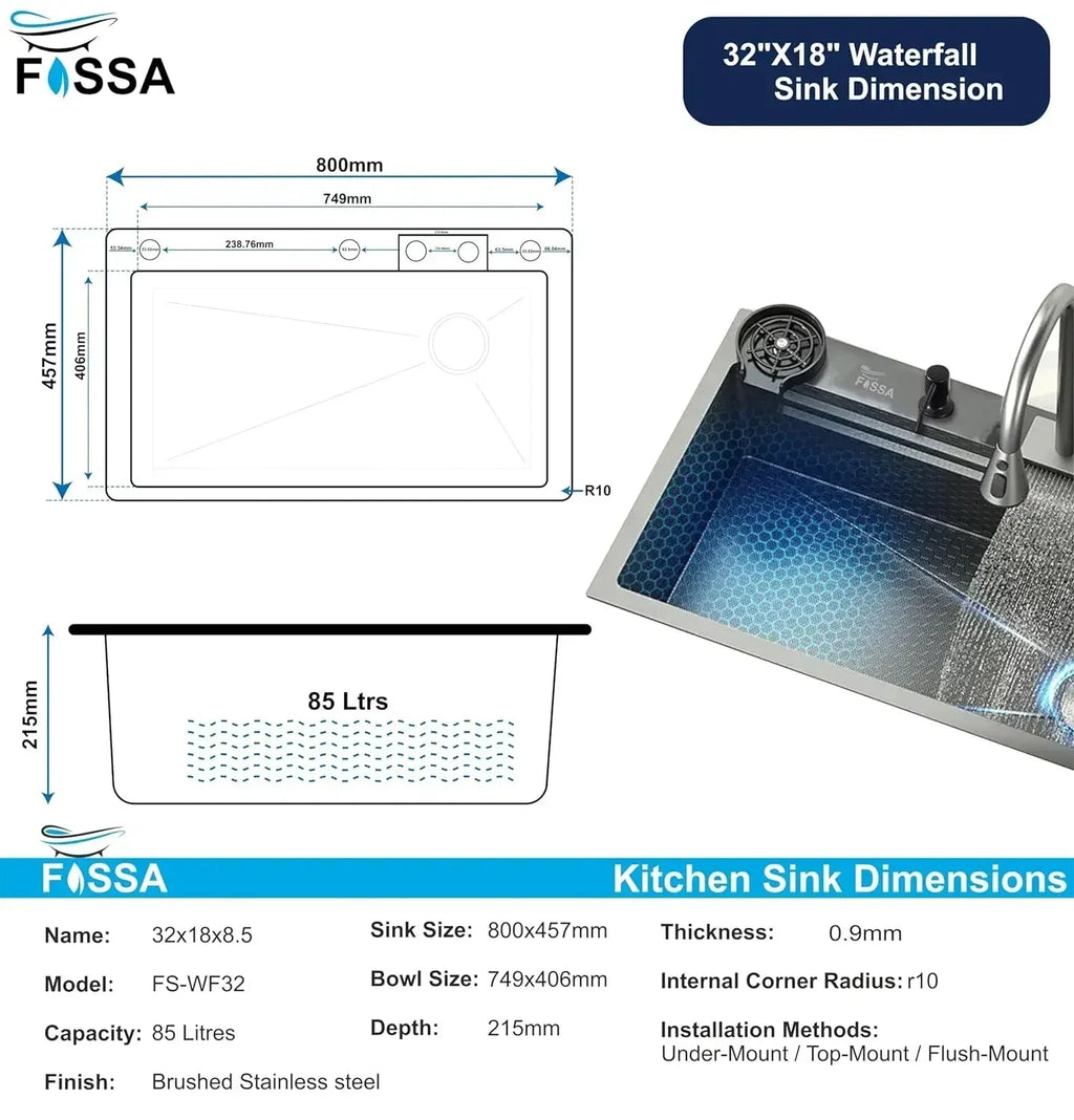 Smart Waterfall (32 x 18 x 10 ) Inch Premium Stainless Steel Kitchen Sink Black